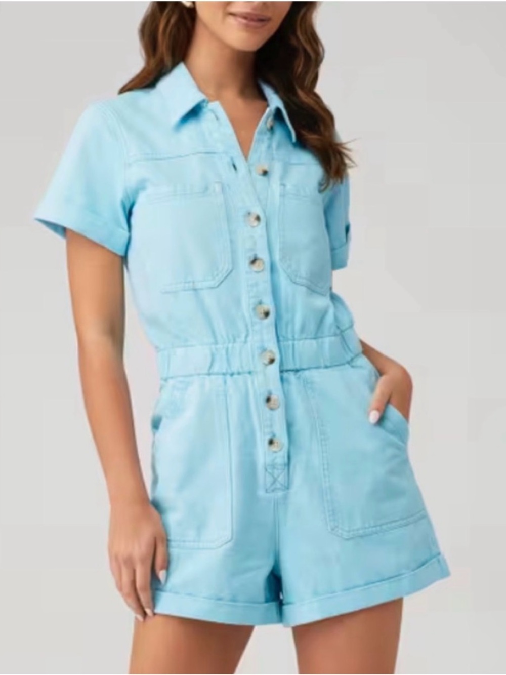 Show Me Your MuMu Light Blue Short-Sleeve Button-Front Romper